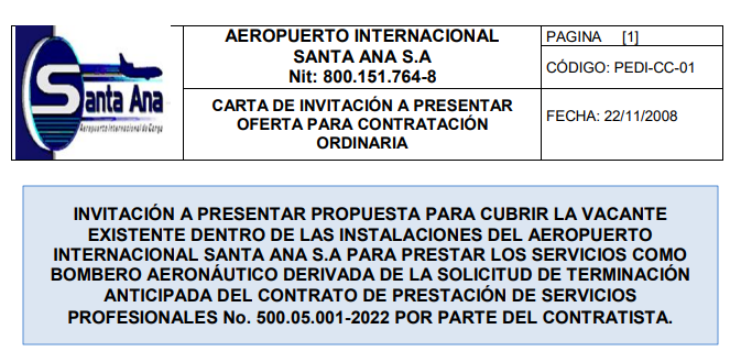 En este momento estás viendo INVITACIÓN A PRESENTAR OFERTA PARA CONTRATACIÓN ORDINARIA DE BOMBERO AERONAUTICO