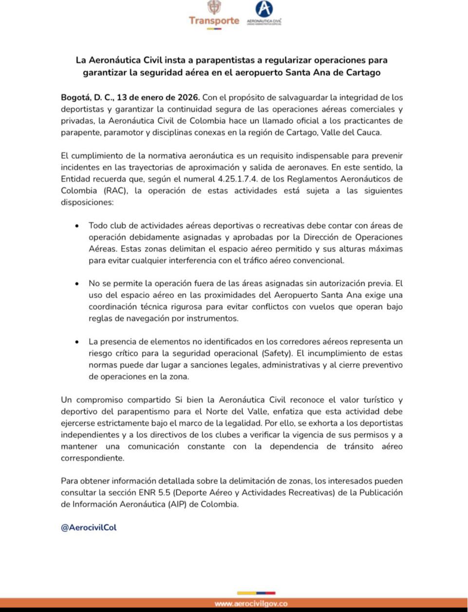 En este momento estás viendo LA AERONAUTICA CIVIL INSTA A PARAPENTISTAS A REGULAR OPERACIONES PARA GARANTIZAR LA SEGURIDAD AEREA DEL AEROPUERTO SANTA ANA
